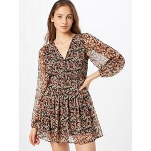 Bardot Women's Mini Floral Dress V Neck Backless Puff Sleeves Faux Wrap Tie Back